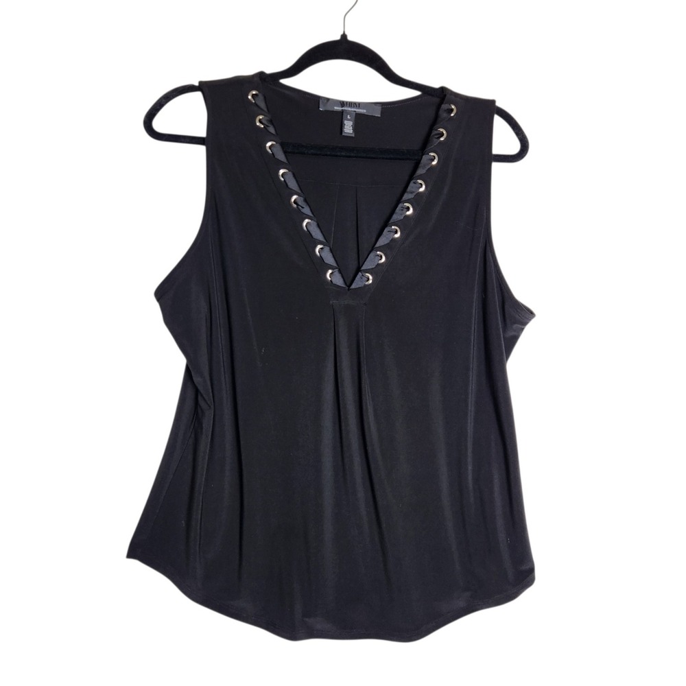 White House Black Market Black Grommet Lace Up V-Neck Sleeveless Top Large